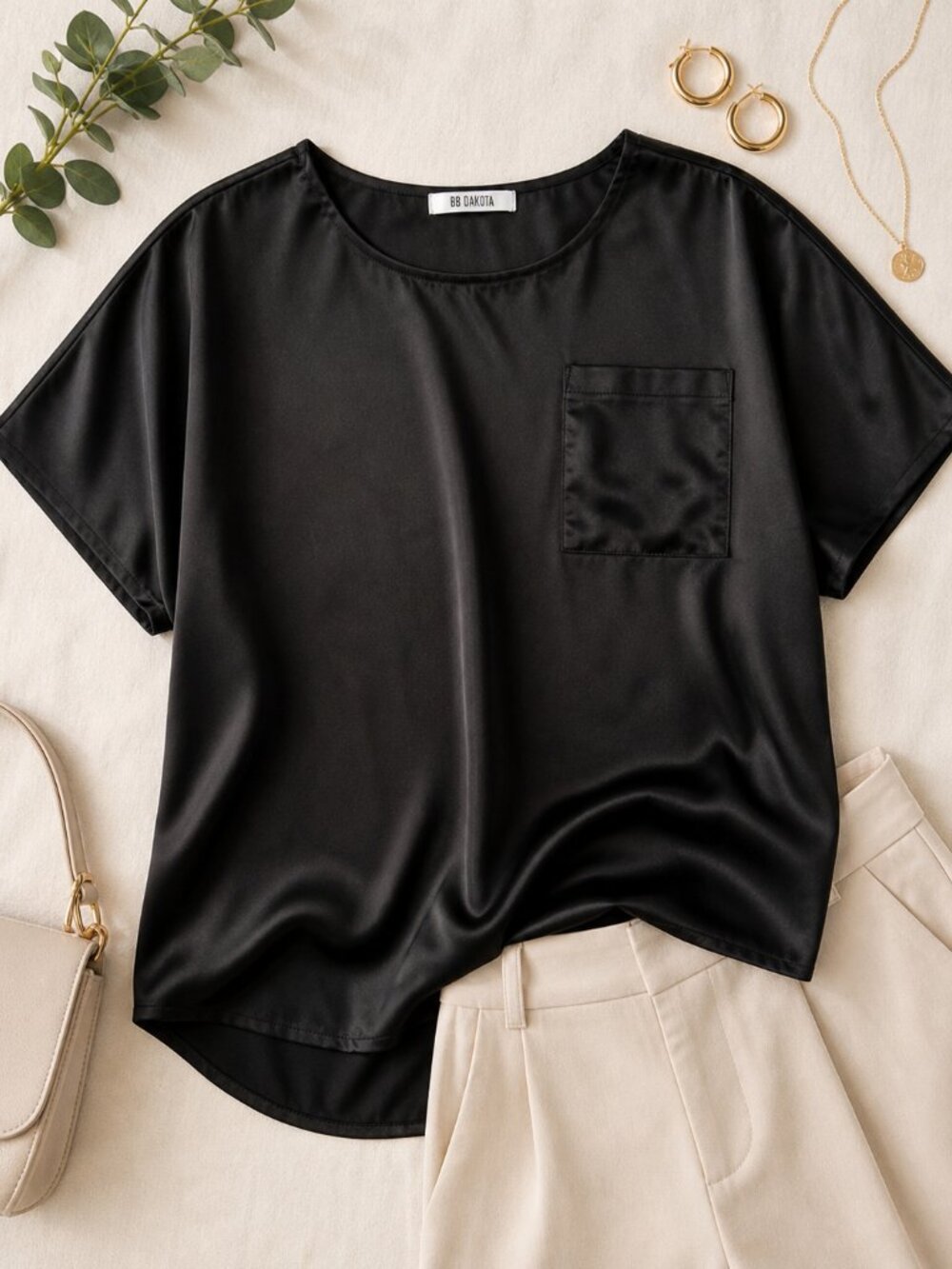 BB Dakota Black Satin Blouse Minimalist Quiet Luxury Capsule Wardrobe Top